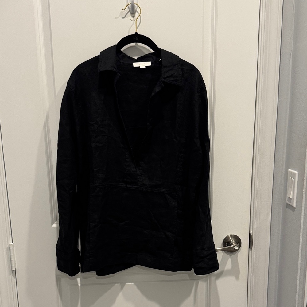 Vince Black Linen Shirt with Kangaroo Pocket and Button Closure